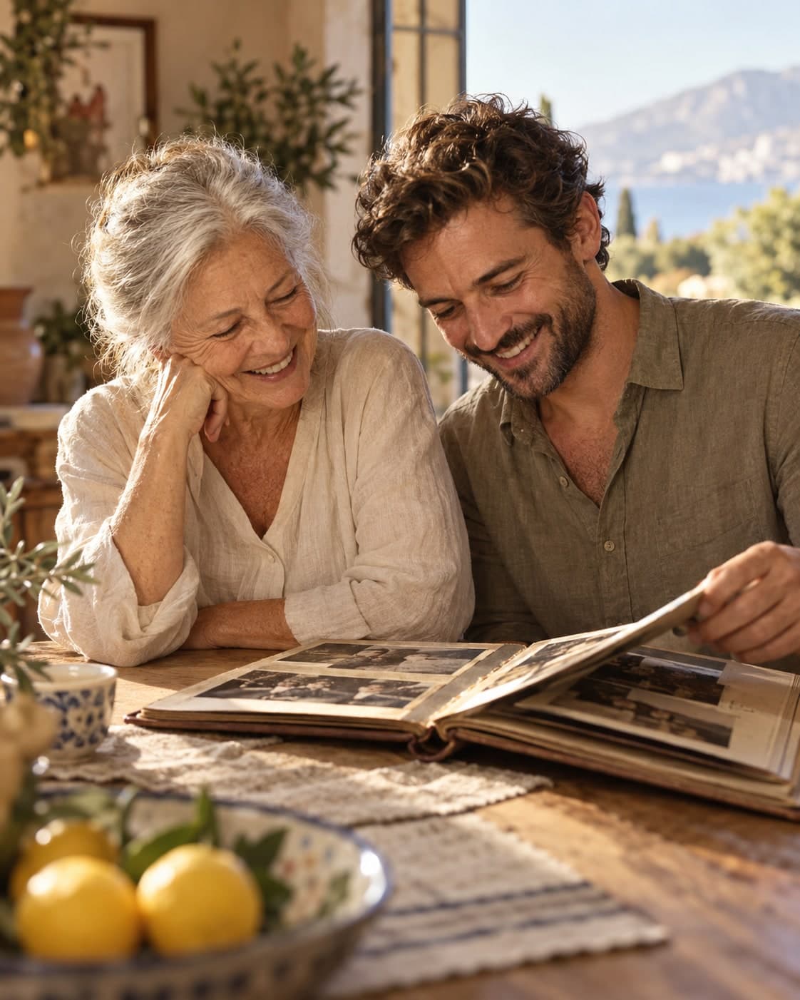 Illustrative mother and adult son laughing together over a family photo album